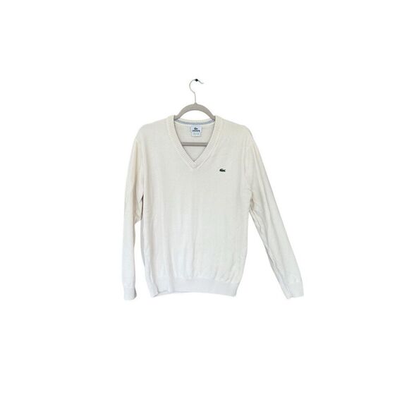 Lacoste Mens Cream V-neck Long Sleeve Ribbed Trim Logo Pullover Sweater Size 5 - Picture 5 of 9
